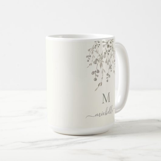 Personalized Botanical Watercolor Monogram Ivory コーヒーマグカップ (正面右)