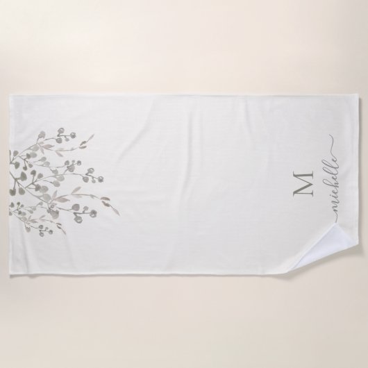 Personalized Botanical Watercolor Monogram Ivory ビーチタオル (正面)