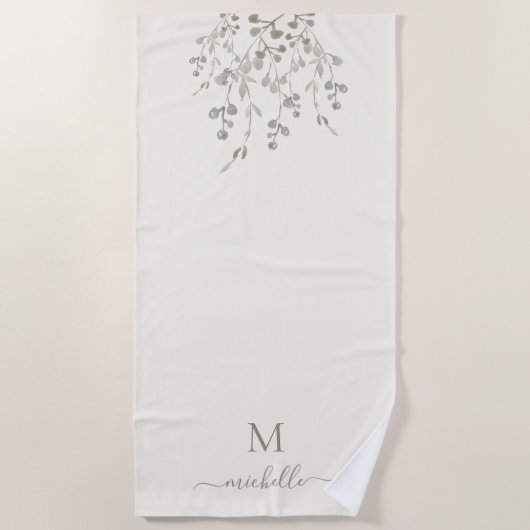 Personalized Botanical Watercolor Monogram Ivory ビーチタオル (正面)