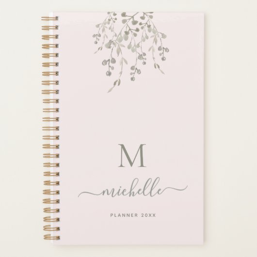 Personalized Botanical Watercolor Monogram Pink プランナー手帳 (正面)