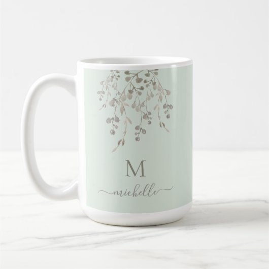 Personalized Botanical Watercolor Monogram Sage コーヒーマグカップ (左)