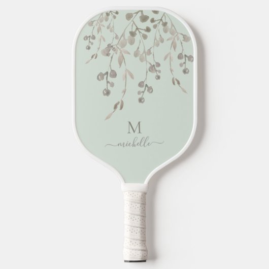 Personalized Botanical Watercolor Monogram Sage ピックルボールラケット (正面)