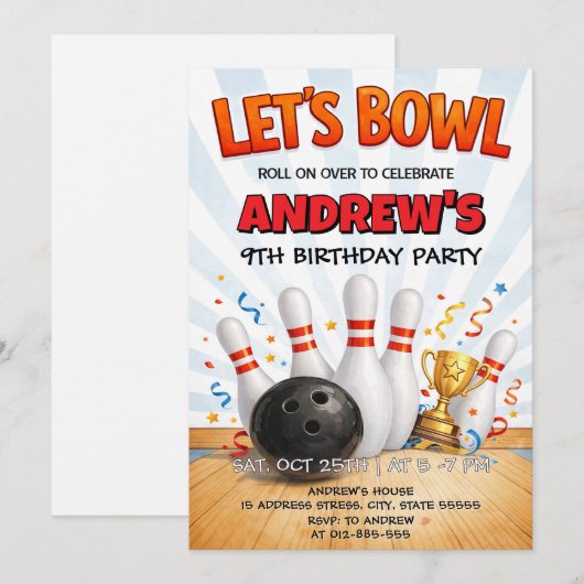 Personalized Bowling Birthday Party 招待状 (正面/裏面)