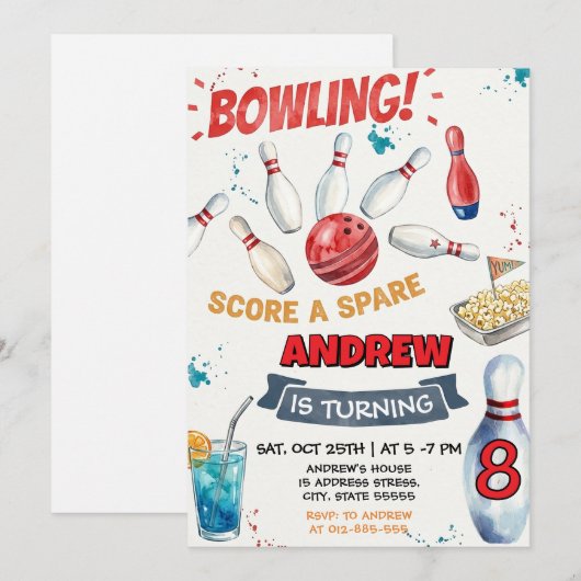 Personalized Bowling Birthday Party for kid 招待状 (正面/裏面)