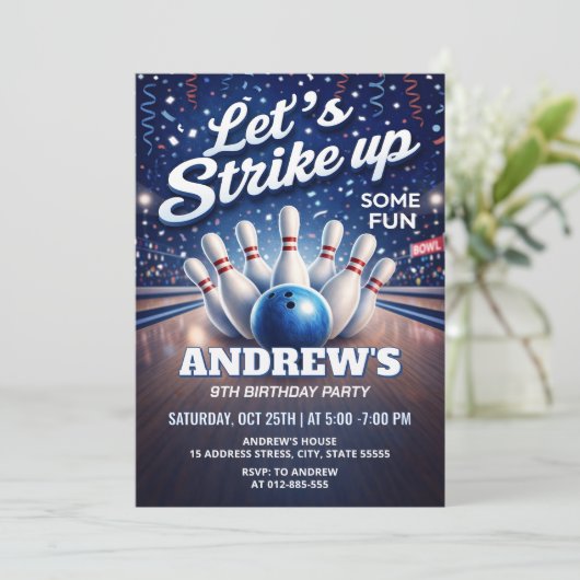 Personalized Bowling Let's Strike Up birthday 招待状 (スタンド正面)