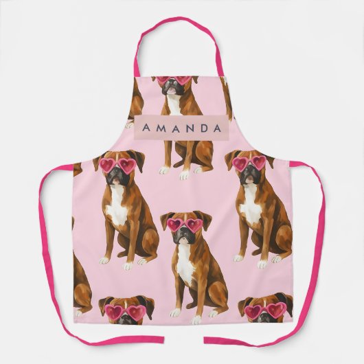 Personalized Boxer Dog with Pink Heart Glasses エプロン (正面)
