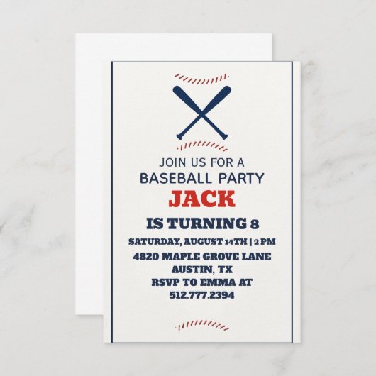 Personalized Boys Baseball Birthday Party 招待状 (正面/裏面)