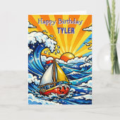 Personalized Boy's Birthday | Sailboat and Shark  カード (正面)