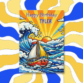 Personalized Boy's Birthday | Sailboat and Shark  カード