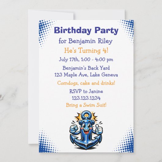 Personalized Boy's Nautical Whale  Birthday Party 招待状 (裏面)