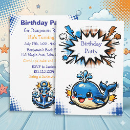 Personalized Boy's Nautical Whale Birthday Party 招待状