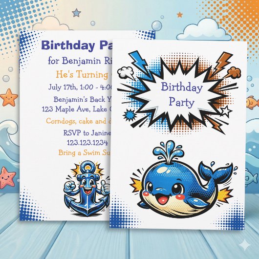 Personalized Boy's Nautical Whale  Birthday Party 招待状