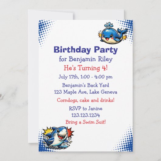 Personalized Boy's Shark and Whale Birthday Party 招待状 (裏面)