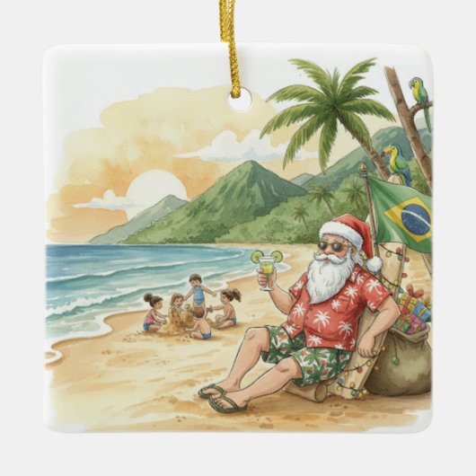 Personalized Brazilian Santa on Beach Christmas セラミックオーナメント (正面)