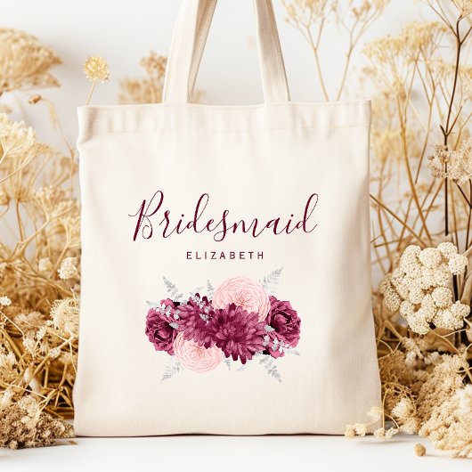 Personalized Bridesmaid Floral Burgundy Blush トートバッグ