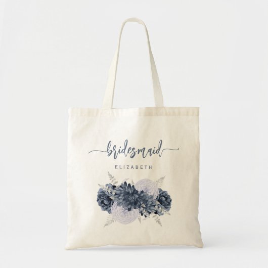 Personalized Bridesmaid Floral Dusty Blue Script トートバッグ (正面)
