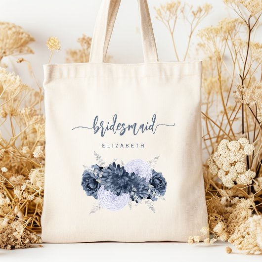 Personalized Bridesmaid Floral Dusty Blue Script トートバッグ