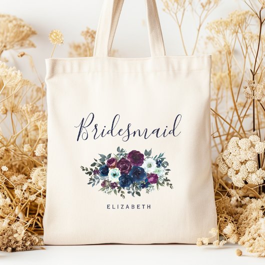 Personalized Bridesmaid Floral Navy Blue Purple トートバッグ