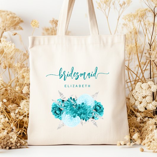 Personalized Bridesmaid Floral Turquoise Silver トートバッグ