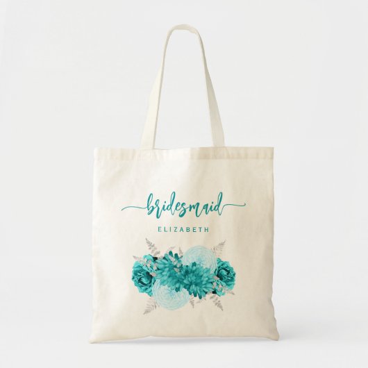 Personalized Bridesmaid Floral Turquoise Silver トートバッグ (正面)