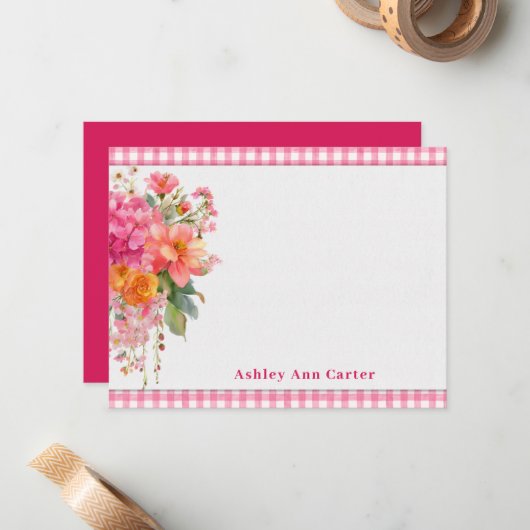 Personalized Bright Pink Floral ノートカード (正面/裏面インサイチュ)