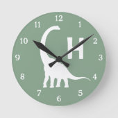 Personalized Brontosaurus Kids Wall Clock Sage Gre ラウンド壁時計 (正面)