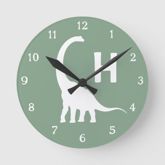 Personalized Brontosaurus Kids Wall Clock Sage Gre ラウンド壁時計 (正面)