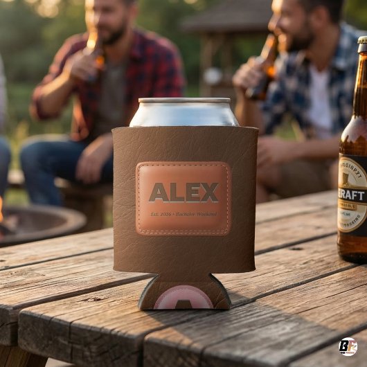 Personalized Brown Faux Leather Bachelor Party C 缶クーラー