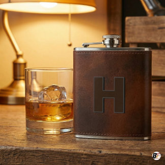 Personalized Brown Leather Hip Monogram Initial H フラスク