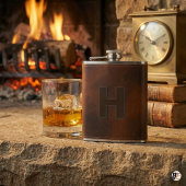 Personalized Brown Leather Hip Monogram Initial H フラスク