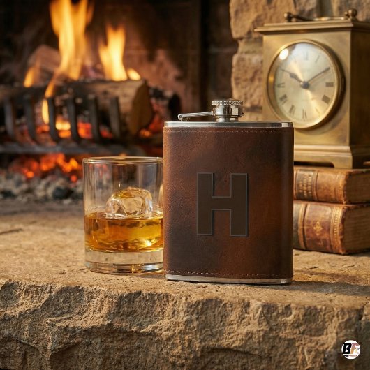 Personalized Brown Leather Hip Monogram Initial H  フラスク