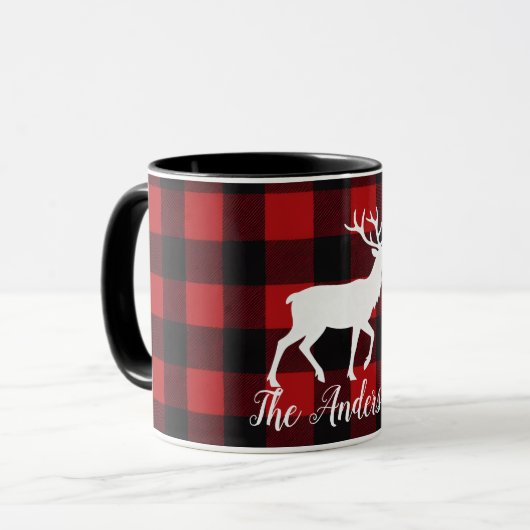Personalized Buffalo Plaid Deer Family Name Mug Gi マグカップ (正面左)