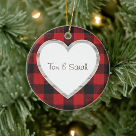 Personalized Buffalo Plaid Heart Rustic  セラミックオーナメント