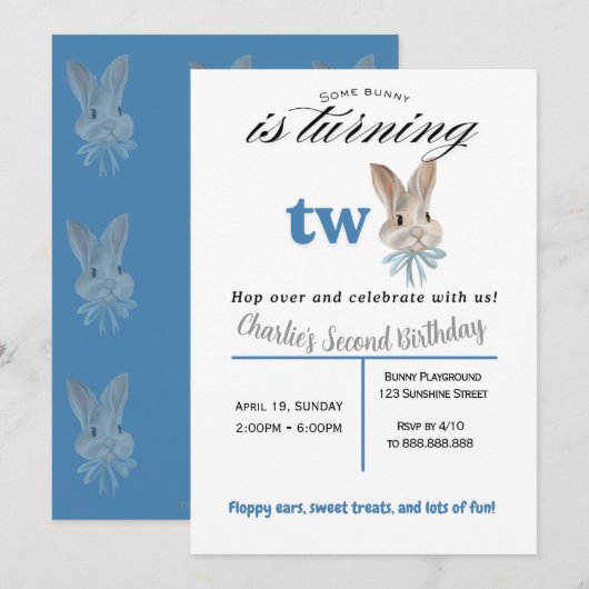 Personalized Bunny 2nd Birthday Invitation 招待状 (正面/裏面)