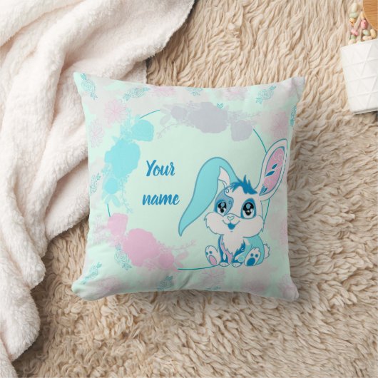 Personalized Bunny  Cute Blue Kawaii クッション (ブランケット)
