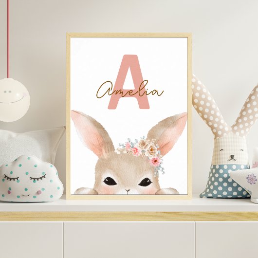 Personalized Bunny Initial Nursery Wall Art Waterc ポスター
