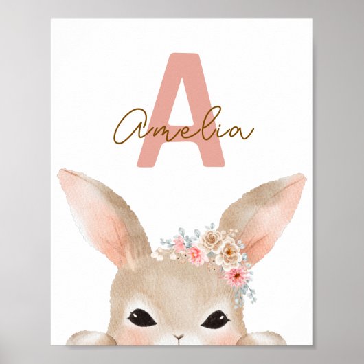 Personalized Bunny Initial Nursery Wall Art Waterc ポスター (正面)