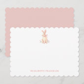 Personalized Bunny Pink Watercolor Bow ノートカード (正面/裏面)