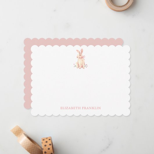 Personalized Bunny Pink Watercolor Bow ノートカード (正面/裏面インサイチュ)