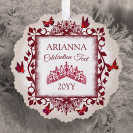 Personalized Burgundy & Beige Butterflies & Tiara オーナメントカード