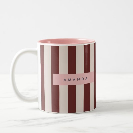 Personalized Burgundy & Ivory Stripe ツートーンマグカップ (左)
