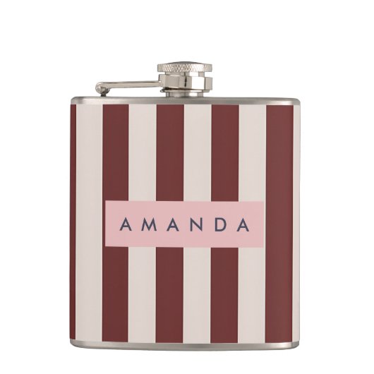 Personalized Burgundy & Ivory Stripe フラスク (正面)