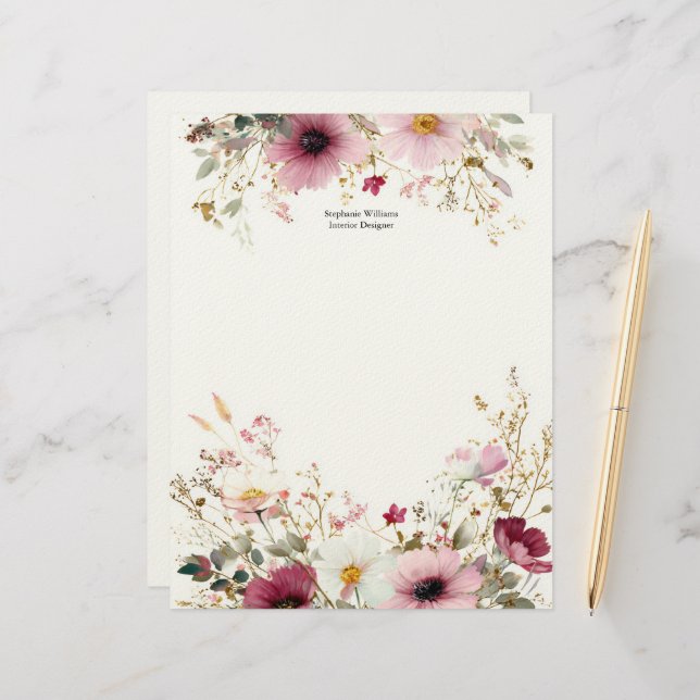 Personalized Burgundy Pink Wildflowers Florals  レターヘッド (正面/裏面インサイチュ)