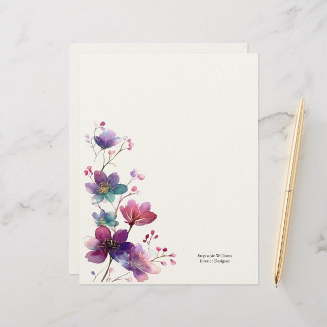Personalized Burgundy Purple Wildflowers Florals  レターヘッド (正面/裏面インサイチュ)