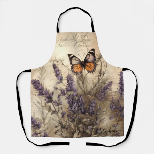 Personalized Butterfly Lavender Vintage Design エプロン (正面)