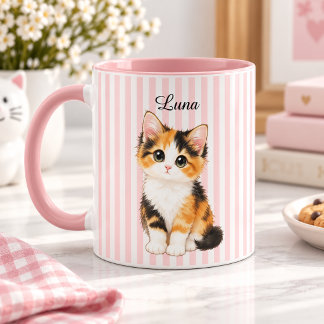 Personalized Calico Kitten Name Pink Striped Coffe マグカップ