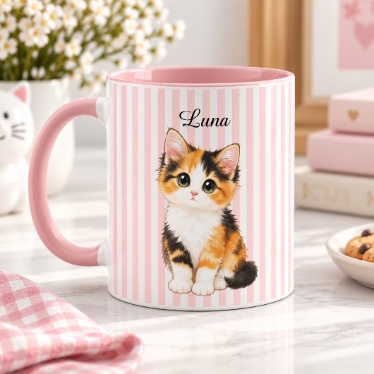 Personalized Calico Kitten Name Pink Striped Coffe マグカップ
