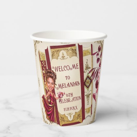 Personalized Caricature Ruby and Gold Sweet 16  紙コップ (裏面)