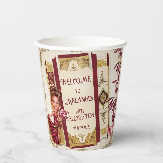 Personalized Caricature Ruby and Gold Sweet 16  紙コップ (正面)
