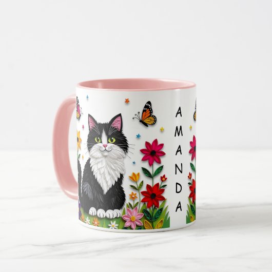 Personalized Cat, Flowers and Butterflies   マグカップ (正面左)